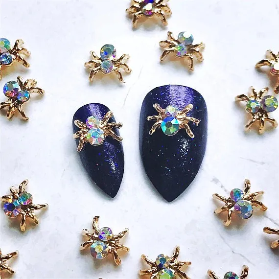 2 Crystal Spider Nail Charms - Nail Decorations - Nail Art - Kawaii - Nail Decals - Gold spiders with AB Crystals - Perfect for Halloween! by CEKnails steampunk buy now online
