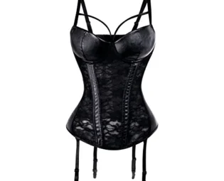 Beauty-You Women's Leather Overbust Burlesques Corset Lingrie Push up Bra Waist trainning with Suspenders Black M steampunk buy now online