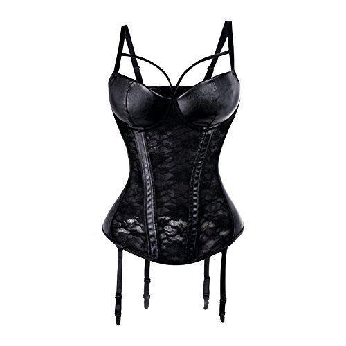 Beauty-You Women's Leather Overbust Burlesques Corset Lingrie Push up Bra Waist trainning with Suspenders Black M steampunk buy now online