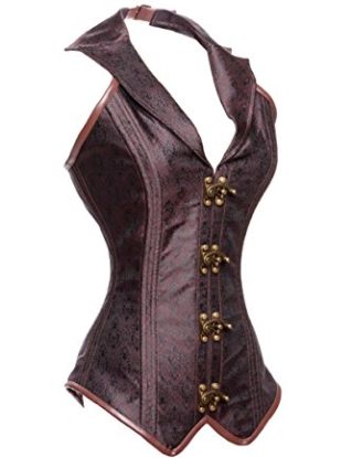 Charmian Women's Steampunk Jacquard Steel Boned Classical Halter Rock Biker Corset Bustier Halter-brown Large steampunk buy now online