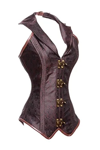Charmian Women's Steampunk Jacquard Steel Boned Classical Halter Rock Biker Corset Bustier Halter-brown Large steampunk buy now online