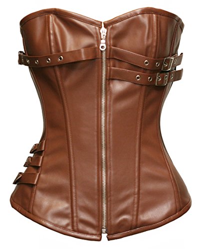 BSLINGERIE® Womens Black Faux Leather Straps Boned Corset with Zipper (UK 8-10 (S), Brown Zip Up (Steel Boned)) steampunk buy now online