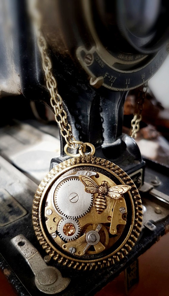 Brass Steampunk Inspired Pendant Vintage Watch Movement - The Honey Bee by FunkyGlam steampunk buy now online