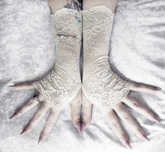 Eilonwy Lace Fingerless Gloves - Soft Ivory Cream Corded Floral - Wedding Gothic Regency Tribal Bellydance Goth Austen Bridal Fetish Gypsy by ZenAndCoffee steampunk buy now online