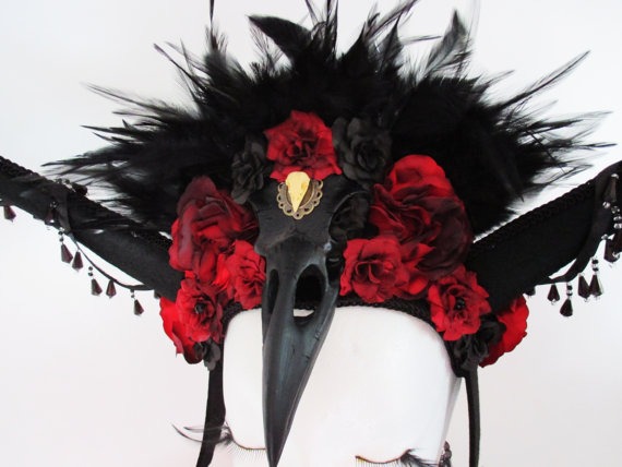 Gothic Raven Queen Black Red Feather Headdress Crown Horns Headpiece Halloween Mythical by KopfTraeume steampunk buy now online