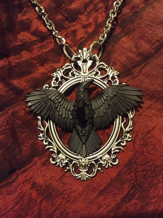 Nevermore: Bold Victorian Raven in Filligree Metal Portrait Pendant With Glittering Gunmetal Chain by TorchandArrow steampunk buy now online