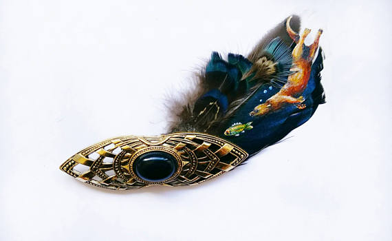 Otter vintage brooch, handpainted feather hat pin, steampunk hat badge, one of a kind, otter and fish, blue and green, hunting wear. by DustySoulsArt steampunk buy now online