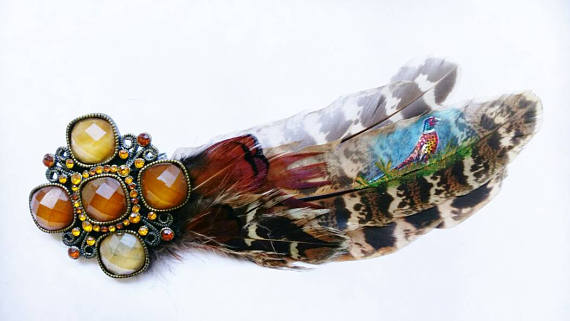 Pheasant vintage brooch,handpainted feather hat pin, steampunk hat badge, one of a kind, amber and green, hunting wear, statement jewellery by DustySoulsArt steampunk buy now online