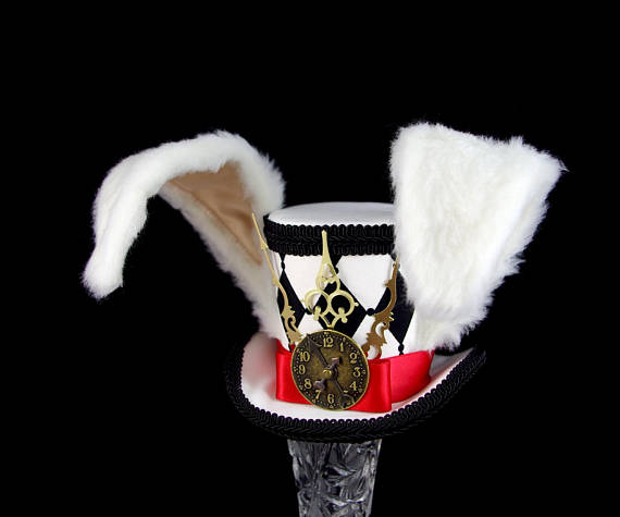 RESERVED FOR HAYLEY - White Rabbit - Black, White, and Red Harlequin Steampunk Medium Mini Top Hat Fascinator, Alice in Wonderland by TheWeeHatter steampunk buy now online