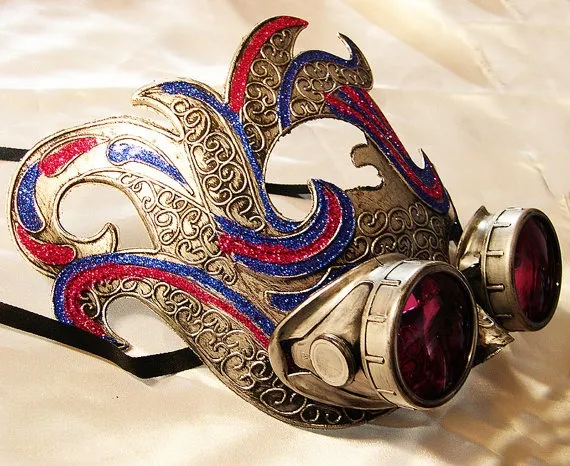 Rustic Look Gold w/Colored Glitter Elegant Steampunk Half Face Carnival Ballroom Masquerade MASK & GOGGLES Set Combination by jadedminx steampunk buy now online