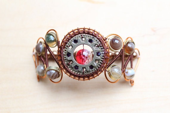 Steampunk bracelet radiant wire with pure copper, bronze, glass and natural striped agate stone handmade by SteampunkAppliedArt steampunk buy now online