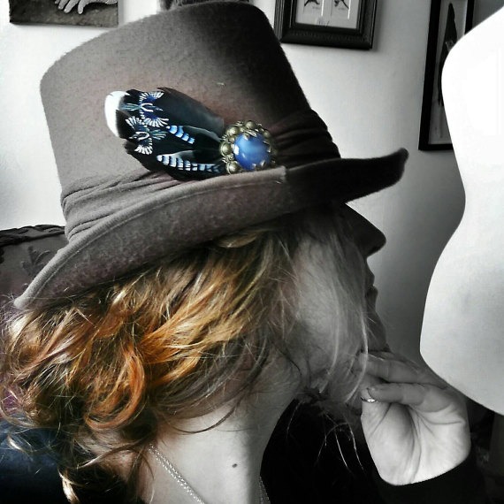 Steampunk hat badge, gift for hunter, painted feather brooch, magpie vintage pin, one of a kind, two for joy, blue & black, statement piece by DustySoulsArt steampunk buy now online