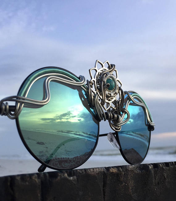 Teal Green Reflective Round ~ Flower of Life Lotus Centerpiece ~ 3rd Eye SPUNGLASSES ~ Unisex Sunglasses Eyewear Sunnies ~ FREE Shipping by Spunglasses steampunk buy now online