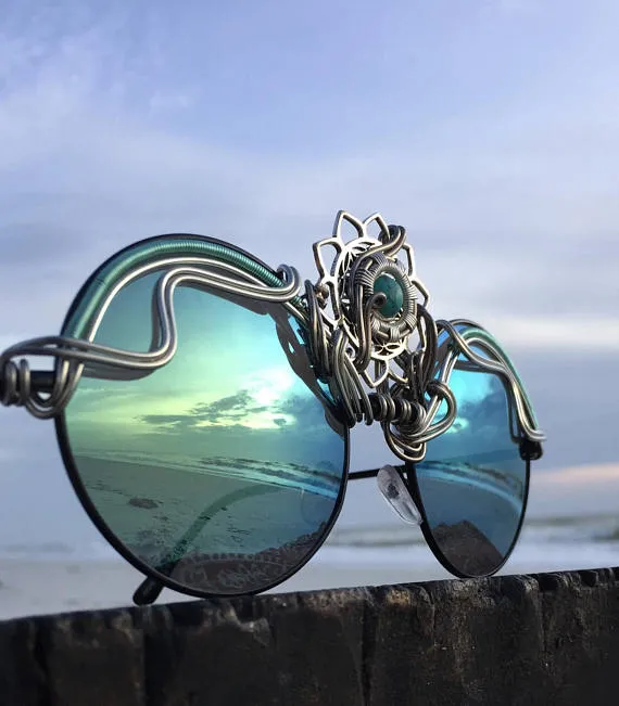 Teal Green Reflective Round ~ Flower of Life Lotus Centerpiece ~ 3rd Eye SPUNGLASSES ~ Unisex Sunglasses Eyewear Sunnies ~ FREE Shipping by Spunglasses steampunk buy now online