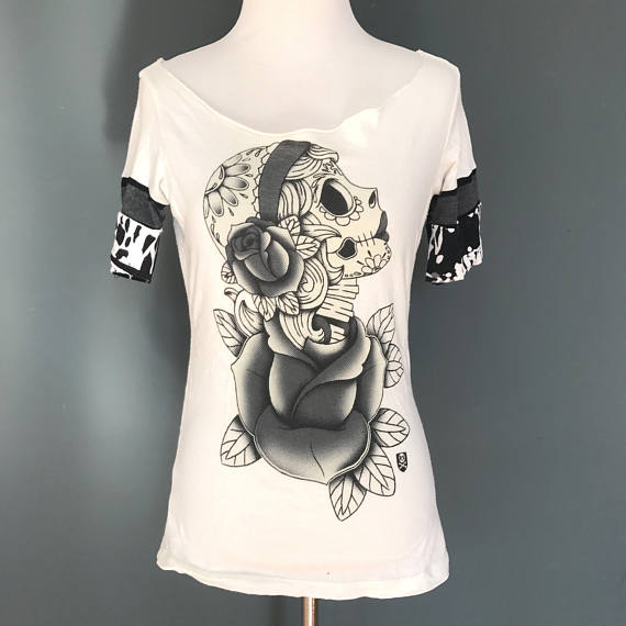 Trixy Xchange - Rocksteady Day of the Dead Skull Shirt Small - Black White TShirt Top Steampunk S by TrixyXchangeDotCom steampunk buy now online