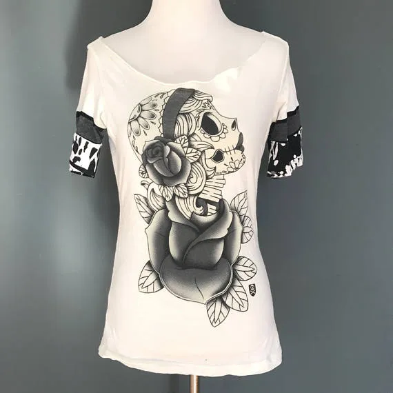 Trixy Xchange - Rocksteady Day of the Dead Skull Shirt Small - Black White TShirt Top Steampunk S by TrixyXchangeDotCom steampunk buy now online Trixy Xchange - Rocksteady Day of the Dead Skull Shirt Small - Black White TShirt Top Steampunk S by TrixyXchangeDotCom steampunk buy now online