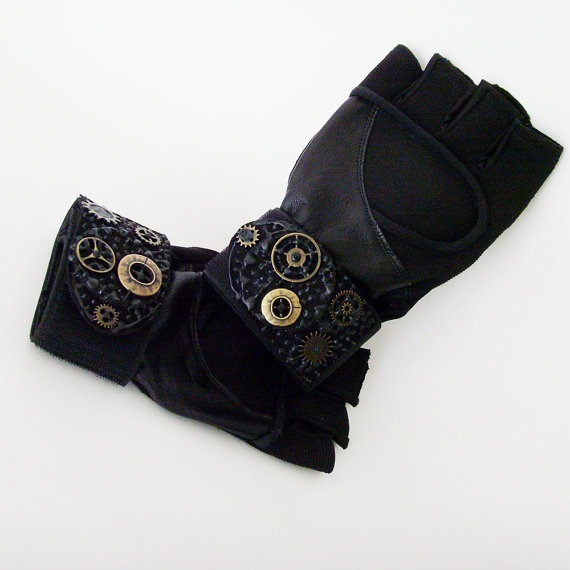 Unisex Black Fingerless Exercise Steampunk Gloves / Black Wrist Wrap Vegan Leather &amp; Suede - Metal Gears Trim / Made-To-Order Gift Under 50 by ME2Designs steampunk buy now online
