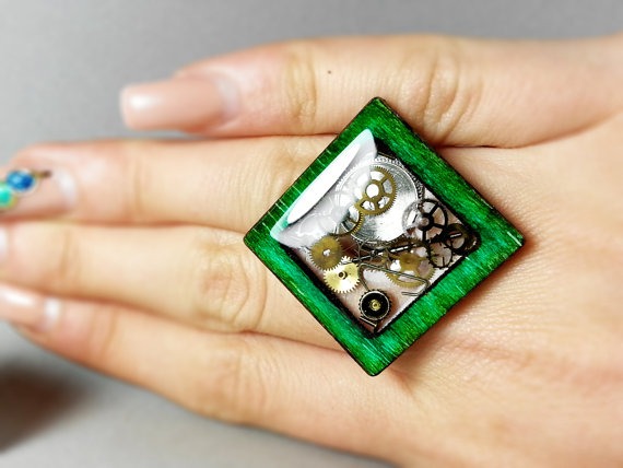 Unusual wood steampunk ring, Wooden ring, Resin steampunk ring clockwork jewellery gears in resin steampunk jewelry steampunk wedding by ByEmilyRay steampunk buy now online