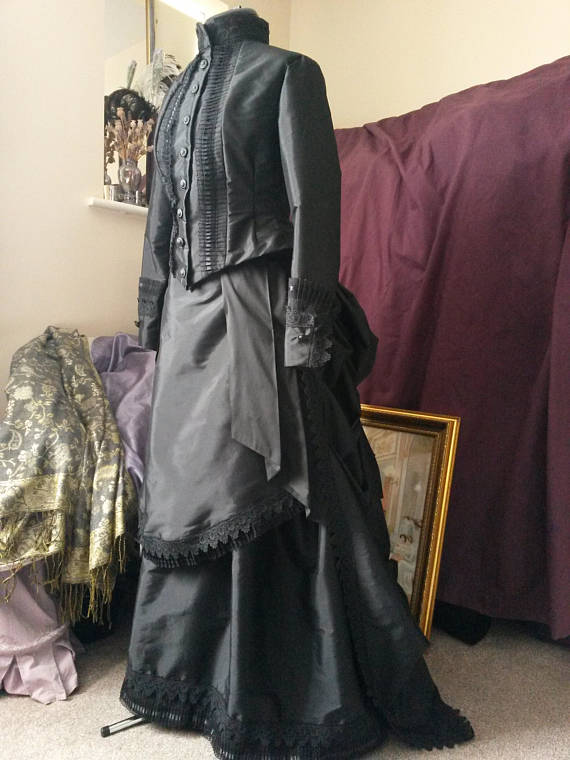 Victorian Mourning Gown, Made to Measurements, Goth Outfit, Steampunk Bustle Dress, Black Gown by BlueLadyCouture steampunk buy now online