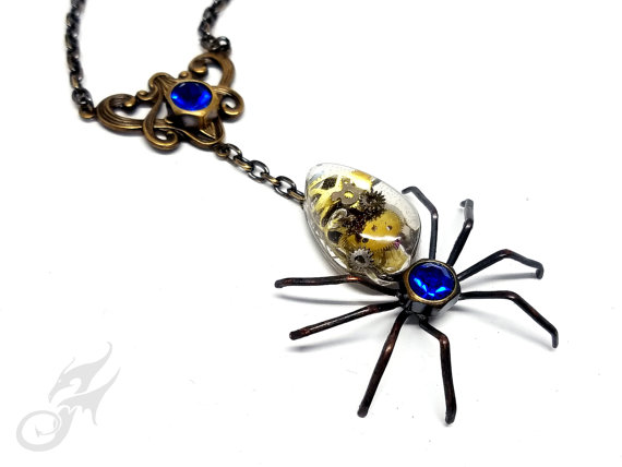 Victorian Steampunk Spider Necklace ~ Dark Brass ~ Resin Cabochon w/ Watch Gears, Blue Rhinestones in Hex Nut Settings, Brass Chain #N0683 by FANTASTICALITYbyRTD steampunk buy now online