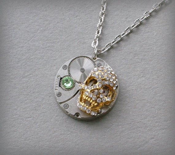 Watch movement Steampunk Pendant with skull and Swarovski crystal , Steampunk Jewelry , Steampunk Jewelry by Olisava steampunk buy now online