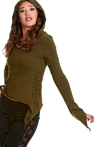 PIXIE HOODIE, Side lacing cotton top, laced up t-shirt, psytrance top, STEAMPUNK TOP (Medium / Large - UK 12 / 14, GREEN) steampunk buy now online