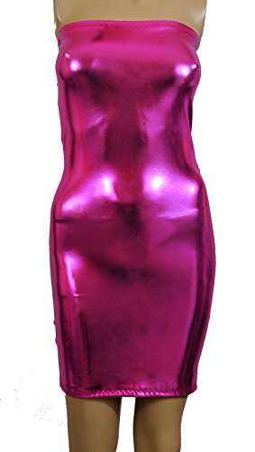 Size 20 - 22 (To Fit: 38-40 Inch Waist / 42-46 Inch Hips / 25-26 Inch Length) D50 Pink Metallic Lycra Wet Look "Fantasy Store" Brand Boob Tube Dress Minidress steampunk buy now online