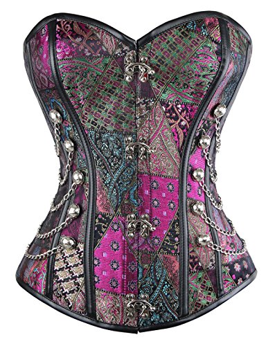 Charmian Women's Steampunk Gothic Spiral Steel Boned Brocade Waist Cincher Overbust Corset with Chains Purple Medium steampunk buy now online