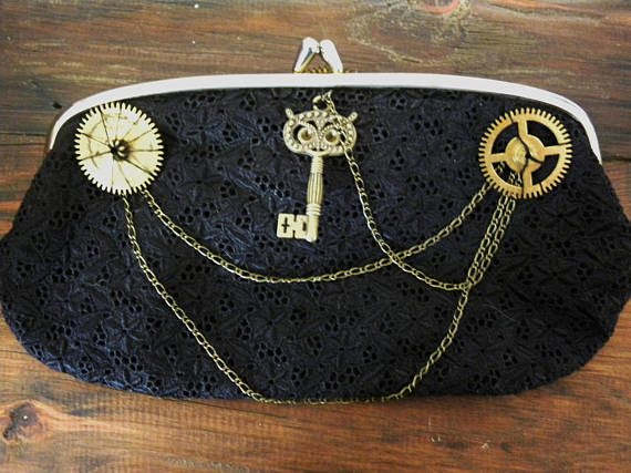 Beautiful vintage black floral evening bag, makeup bag 60s,steampunk gothic by MidnightMaidens steampunk buy now online
