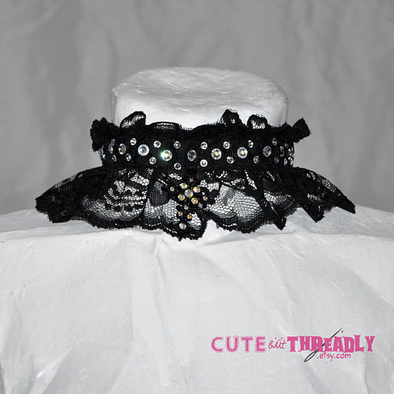 Black Lace Choker with Gothic Cross Pendant and Rhinestones by CuteButThreadly steampunk buy now online