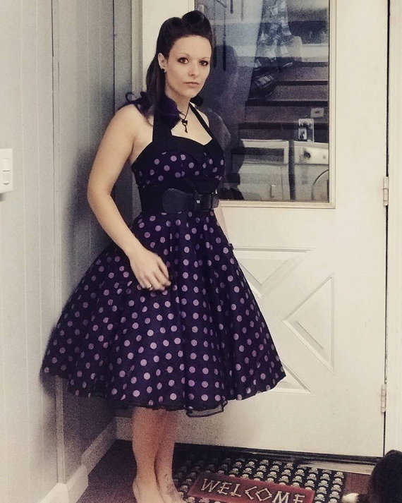 Black Purple Polka Dot Dress Rockabilly Dress Halter PinUp Dress 50s Retro Goth Dress Lolita Steampunk Psychobilly Party Plus Size Clothing by LadyMayraClothing steampunk buy now online