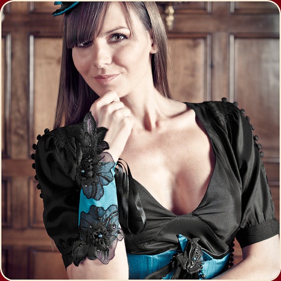 Blu Silk Organza Victorian Cuff Bracelet "Nuit Indienne" Azurite Malachite Beads by ManuelaBioccaDesigns steampunk buy now online