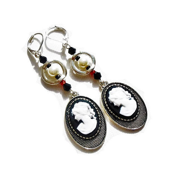 Cameo Earrings, Black White Victorian Lady Cameos, Victorian Steampunk Jewelry, Black Red Crystals Pearl Beads by OneStopSteamShoppe steampunk buy now online