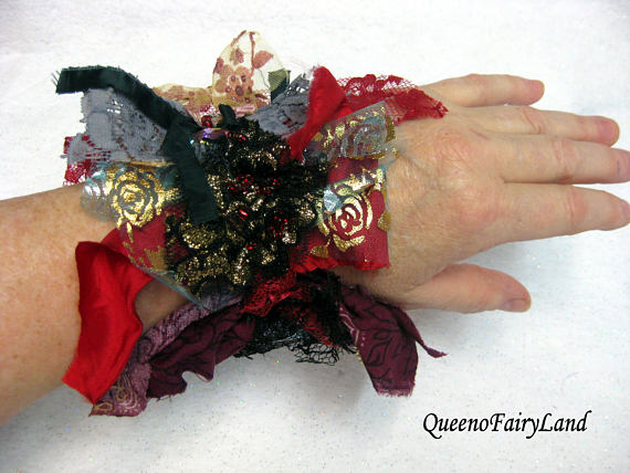 Fabric Wrist Cuff Bracelet, Art to Wear, Victorian design Tattered lace, Handmade, Embroidered, Beading, Steampunk, Bohemian, Gypsy, WC-Q146 by QueenoFairyLand steampunk buy now online