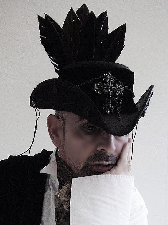 Gothic black leather raven pirate tricorn hat by Blackpin steampunk buy now online