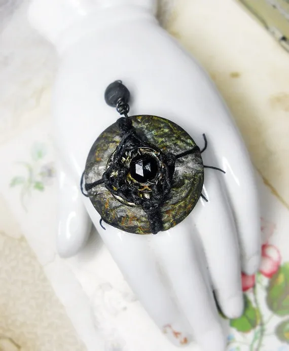 Handmade Assemblage Pendant - Rustic Vintage Metal, Black Macrame, Vintage Faceted Glass, Polymer Clay Bead - Stacked - Ready-to-Use Pendant by shipwreckdandysupply steampunk buy now online Handmade Assemblage Pendant - Rustic Vintage Metal, Black Macrame, Vintage Faceted Glass, Polymer Clay Bead - Stacked - Ready-to-Use Pendant by shipwreckdandysupply steampunk buy now online