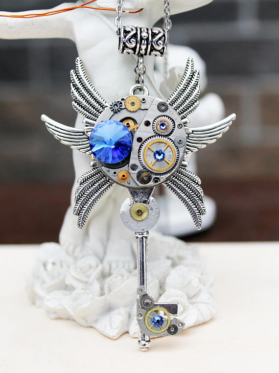 Key necklace, steampunk key, gothic key, swarovski key, blue key by DreamCloudJewelry steampunk buy now online