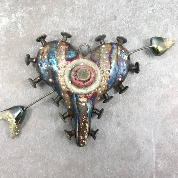 MAKUstudio Signature Nailed Raku Ceramic Heart Pendant Jewelry Handmade Gifts by MAKUstudio by MAKUstudio steampunk buy now online