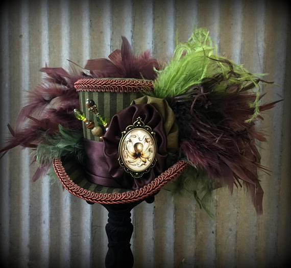 Mini Top Hat, Octopus Steampunk Mini Top Hat, Alice in Wonderland Hat, Mad Hatter Hat, Olive Green STripe Hat, Kraken Hat, Ridging hat by ChikiBird steampunk buy now online