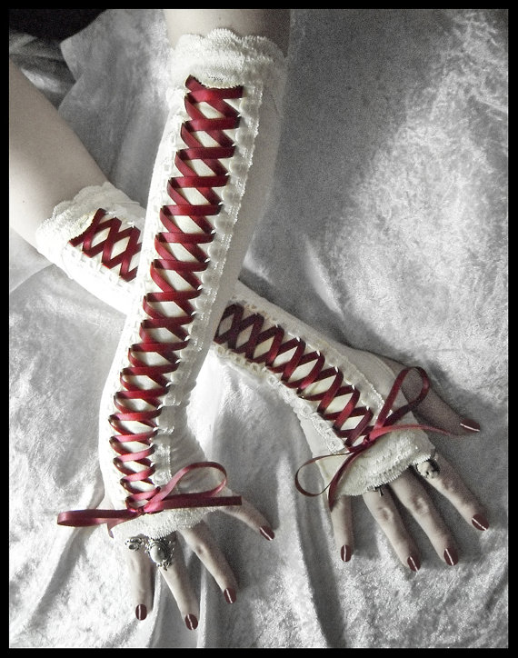 Scarlet Maiden Victorian Corset Laced Up Arm Warmers | Pale Ivory | Lace | Burgundy Ribbon | Bridal Vampire Gothic Belly Dance Burlesque Emo by ZenAndCoffee steampunk buy now online