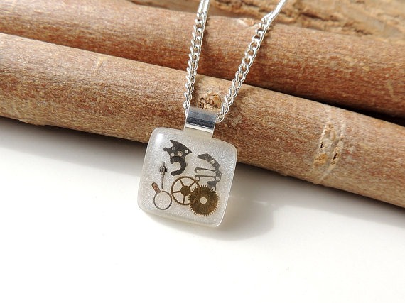 Small Steampunk Necklace, Upcycled Watch Parts in a White Resin Pendant, Steampunk Jewelry, Resin Jewelry Jewellery, UK, 151 by JustKJewellery steampunk buy now online