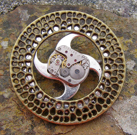 Solo Power, Steampunk Brooch with Watch Movement and Gears Handmade by DangleMcWangle steampunk buy now online