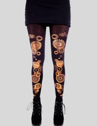 STEAMPUNK, 100 Denier Tights, Handmade, Foil, Silk Screen Printed, Tights by TribalYonics steampunk buy now online