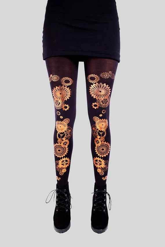 STEAMPUNK, 100 Denier Tights, Handmade, Foil, Silk Screen Printed, Tights by TribalYonics steampunk buy now online