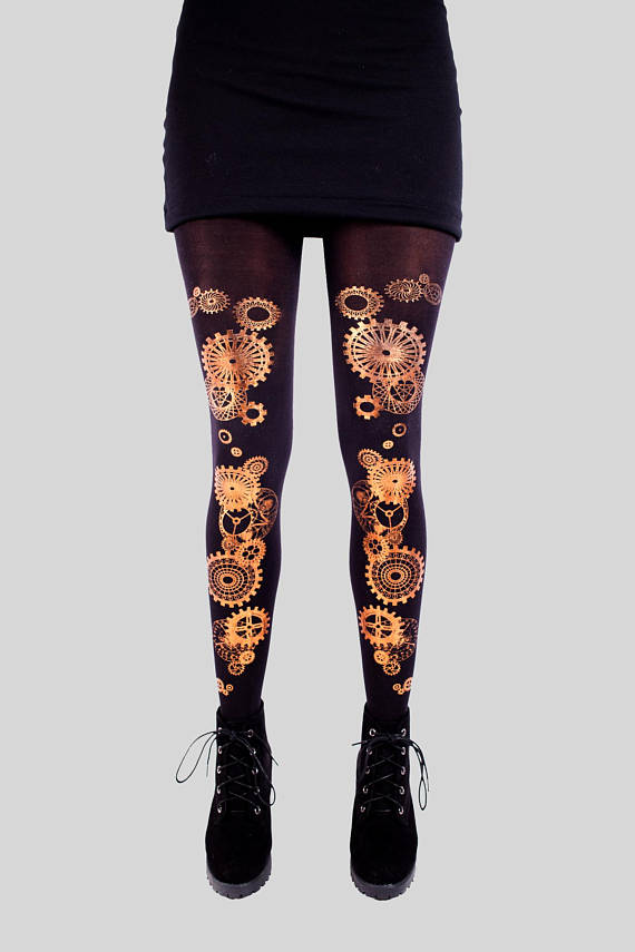 STEAMPUNK, 100 Denier Tights, Handmade, Foil, Silk Screen Printed, Tights by TribalYonics steampunk buy now online