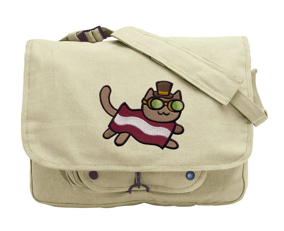Steampunk Bacon Cat Embroidered Canvas Messenger Bag by JumpingJackalope steampunk buy now online