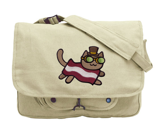 Steampunk Bacon Cat Embroidered Canvas Messenger Bag by JumpingJackalope steampunk buy now online
