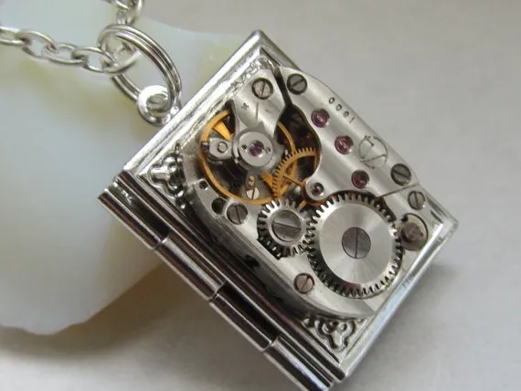 Steampunk book locket necklace watch movement Birthday gift ideas Photo locket necklace Picture locket necklace birthday gift for women by Timewatch steampunk buy now online
