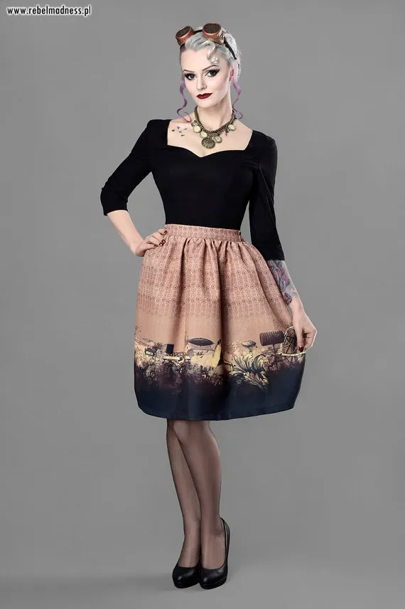 Steampunk brown midi printed graphics gothic skirt by RebelMadness steampunk buy now online
