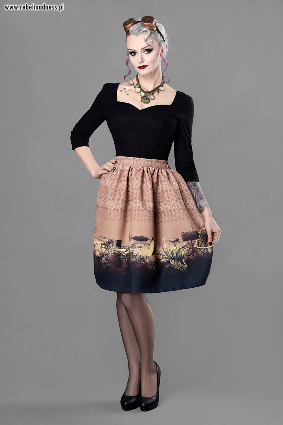 Steampunk brown midi printed graphics gothic skirt by RebelMadness steampunk buy now online